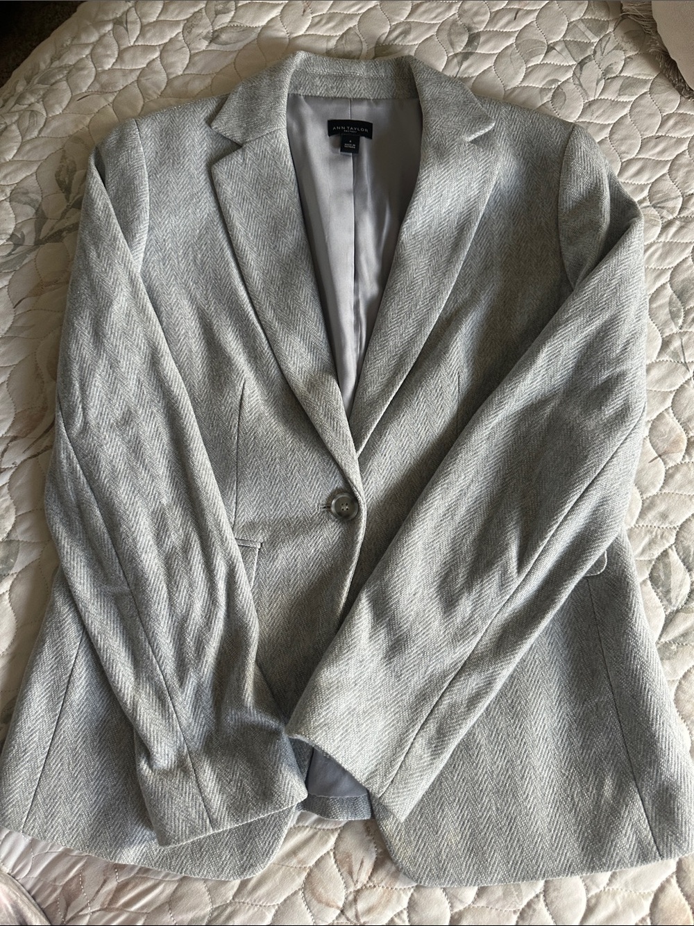 Ann Taylor Light Gray Herringbone Single-Button Blazer